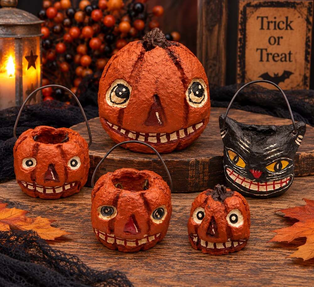 90s Primitive Halloween Pumpkin Black Cat Bucket Folk Art Miniature Rare Lot Vtg